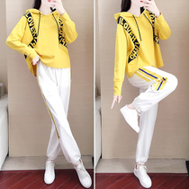 Sports and leisure suit womens spring and autumn new fashion brand pure cotton fashion loose Korean version of yellow long-sleeved sweater two-piece set