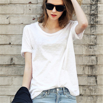  2020 spring and summer simple short-sleeved womens T-shirt white slub cotton T-shirt bottoming shirt loose large round neck half sleeve cotton