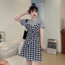 2020 new French niche waist thin plaid dress female summer temperament fake two small skirts