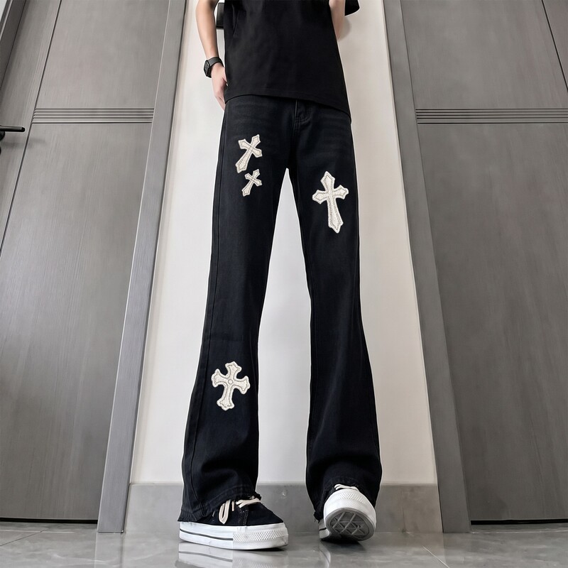 Cross Print Jeans, Unisex, Slim Fit, Slightly Flared, Stylish, Trendy, Casual Style, Zipper, Low Waist Cross Print Jeans, Unisex, Slim Fit, Slightly Flared, Stylish, Trendy, Casual Style, Zipper, Low Waist