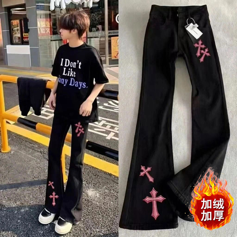 High Street Style Cross Print Willow Leaf Scimitar Jeans, Unisex, Slim Fit, Versatile, Zipper, Thin, Durable High Street Style Cross Print Willow Leaf Scimitar Jeans, Unisex, Slim Fit, Versatile, Zipper, Thin, Durable