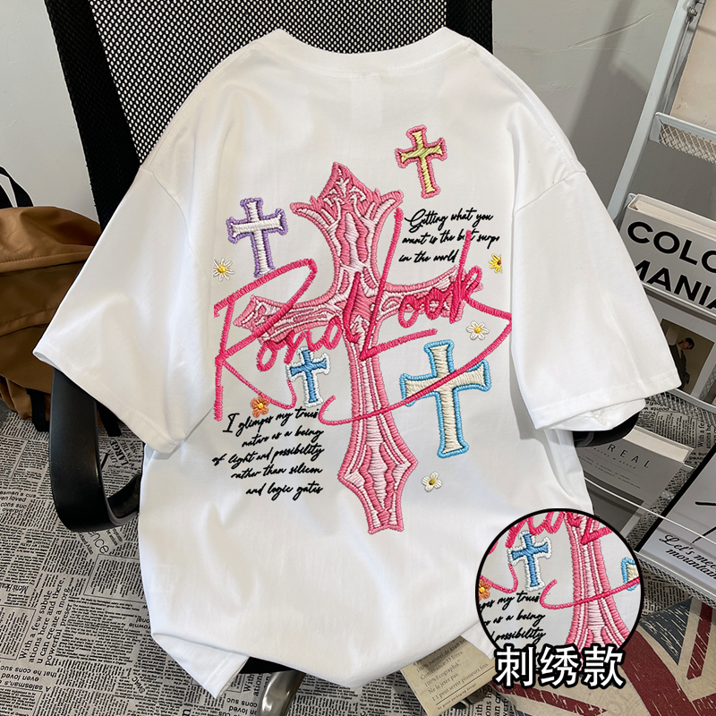 Short T-Shirt for Young Men with Cross Letter Embroidery, Short-Sleeved Unisex T-Shirt, Round Neck, Loose Fit, Drop Shoulder, Casual Top