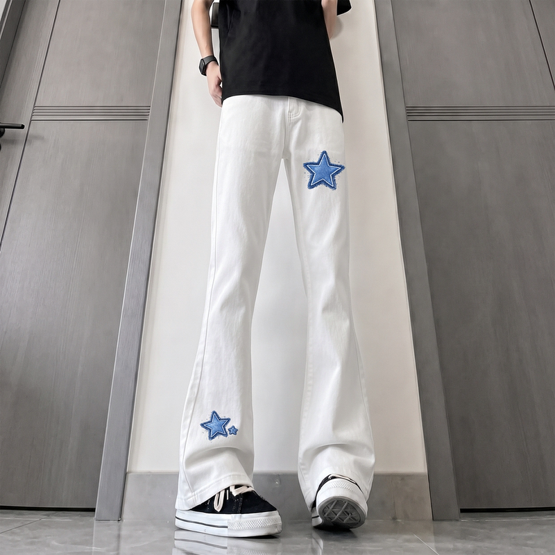 Star Print Flared Jeans Unisex Slim Fit Drapey Bell-Bottom Pants Casual Trendy Low-Waist Zipper Daily Wear