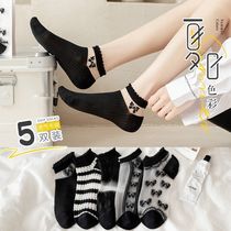 Socks Womens Socks Spring and Summer Thin Cassette Stockings Sweat-Absorbing Ins Korean Style Trendy Black Short Boat Socks Versatile