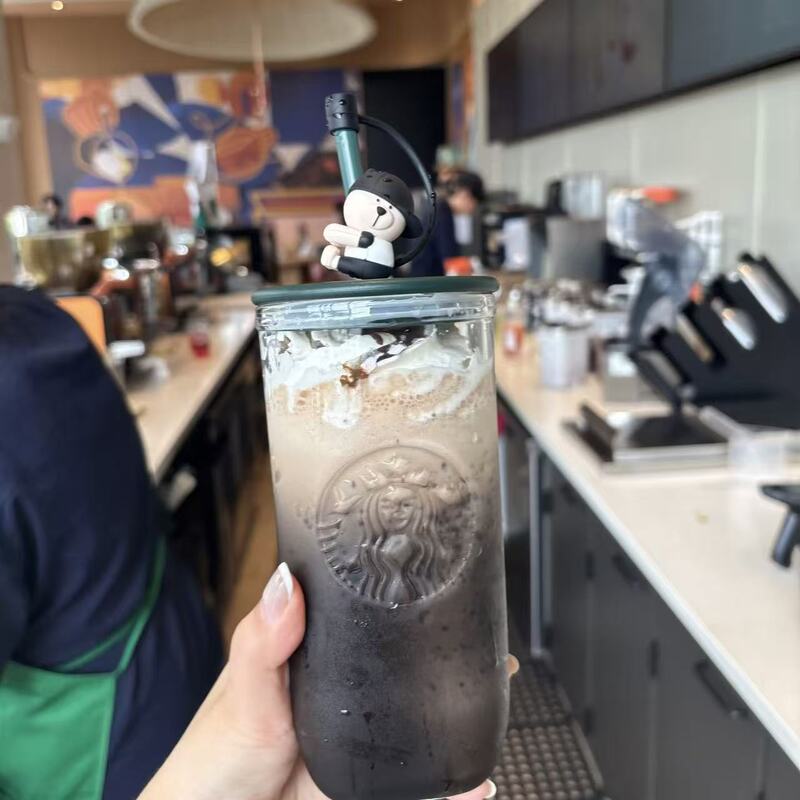 Starbucks Black and White Gradient Glass Double-Layer Triangular Straw Cup Cold Drink Cup Water Cup Gift Cute Dust-Proof Plug New