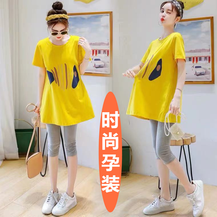 Pregnancy Woman Dress Summer Clothing Suit Short Sleeves Slim Fit Large Size Mid-Length Version Blouse T-shirt Foreign Dress Outside Wearing Suit
