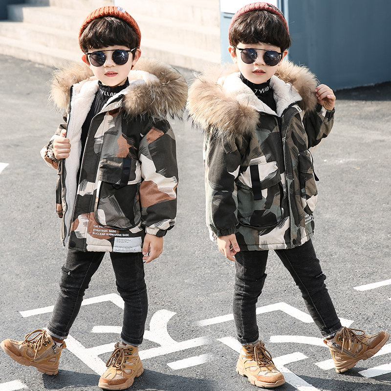 Korean boys down padded jacket 2021 new Korean version of the pie to overcome children's mid-length thick big kids camouflage jacket