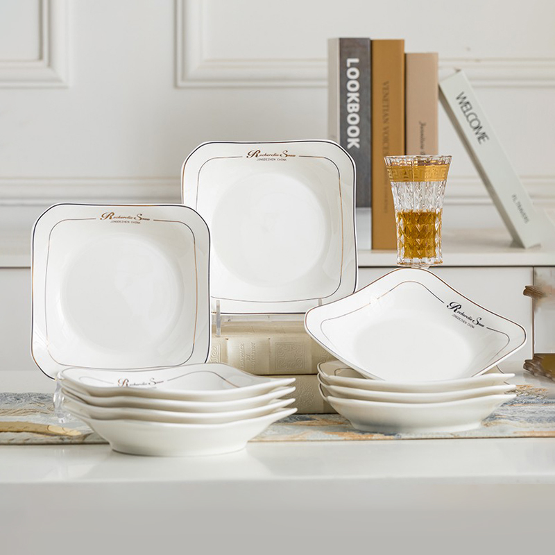Dishes and Plates for Home Use, 4/6/10 Pieces, Jingdezhen Ceramic Plates, Square Plates, Simple French-Style Tableware, Microwave-Safe Dishes and Plates for Home Use, 4/6/10 Pieces, Jingdezhen Ceramic Plates, Square Plates, Simple French-Style Tableware, Microwave-Safe