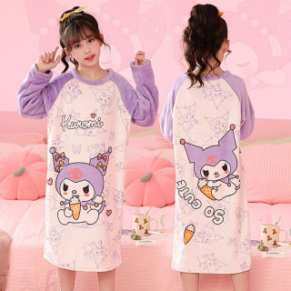 女童法兰绒睡裙秋冬季卡通库洛米儿童睡衣女孩珊瑚绒中大童家居服