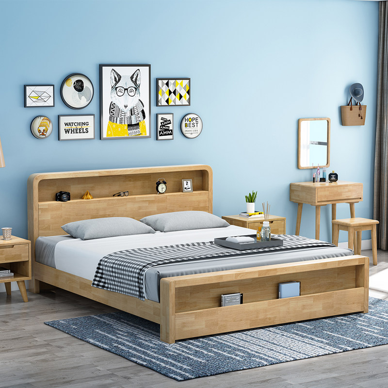 Nordic solid wood bed 1 8 meters double bed master bedroom modern minimalist log furniture 1 5 single economical storage bed