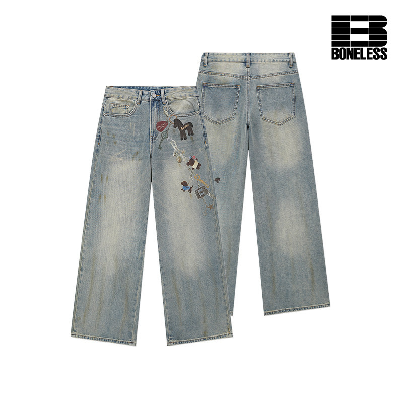 【Same Style as in Shopping Malls】Boneless Toy Chain Washed Rivet Jeans, Crisp and Versatile, Fashionable Straight-Leg Pants