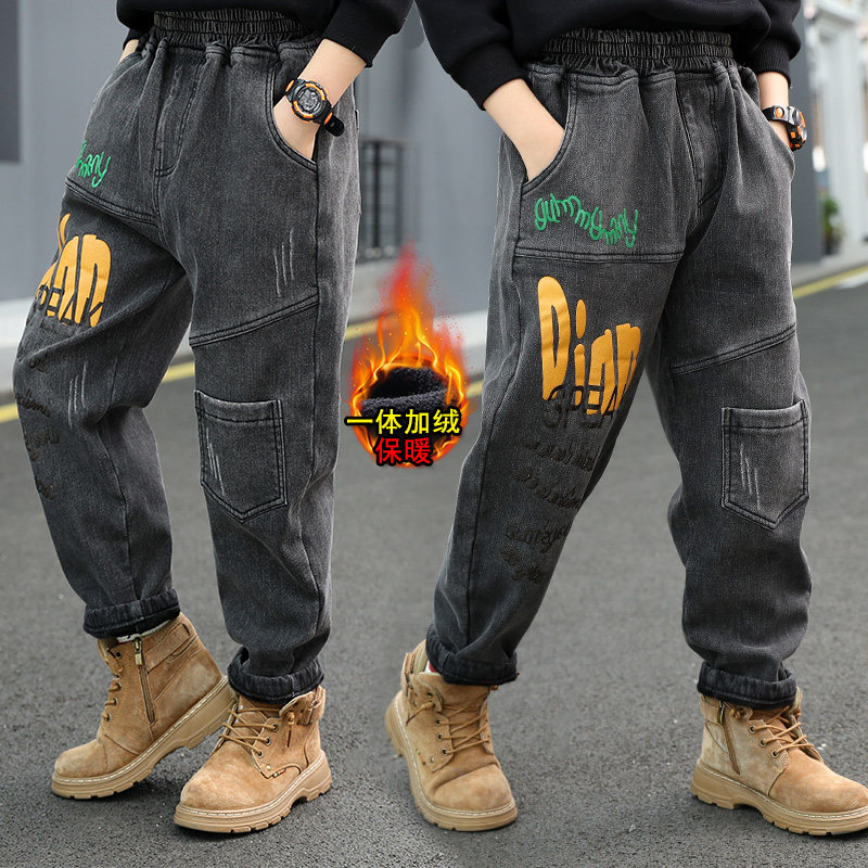 Children Boys plus suede pants integrated suede 2023 new tides CUHK Winter Thickened Autumn Winter Fried Street Jeans-Taobao