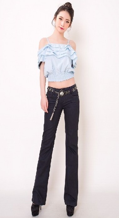 2025 New Model V+ Genuine Black Coated Silver Waist Chain Mid-Waist Flared Jeans/No Belt
