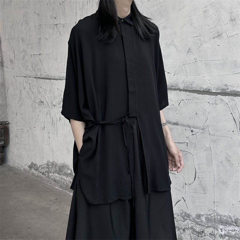 White and Black/Yamamoto Dark Style Mid-Length Shirt for Women, Summer Thin Style, Drapey, Loose, Relaxed Feel, Five-Quarter Sleeve Top