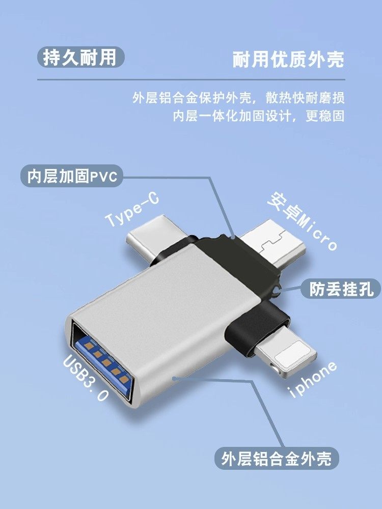 Ailek Otg Adapter Three-In-One Mobile Phone USB Flash Drive Converter Usb3.0 Data Transfer Cable Multi-Functional Universal Compatible with Apple iPhone Android Type-C Huawei Reading Connection iPad