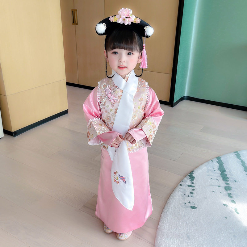 Girls' grid suit Hanfu super fairy spring and autumn dress court children's ancient costume Chinese style elegant cheongsam Tang suit tide