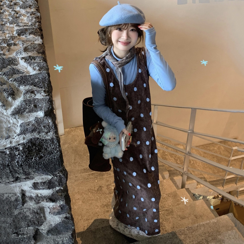 Maternity Suit Korean Retro Style Complete Set Blue Base Shirt Polka Dot Tank Dress Long Skirt Autumn New Two-Piece Set Maternity Suit Korean Retro Style Complete Set Blue Base Shirt Polka Dot Tank Dress Long Skirt Autumn New Two-Piece Set