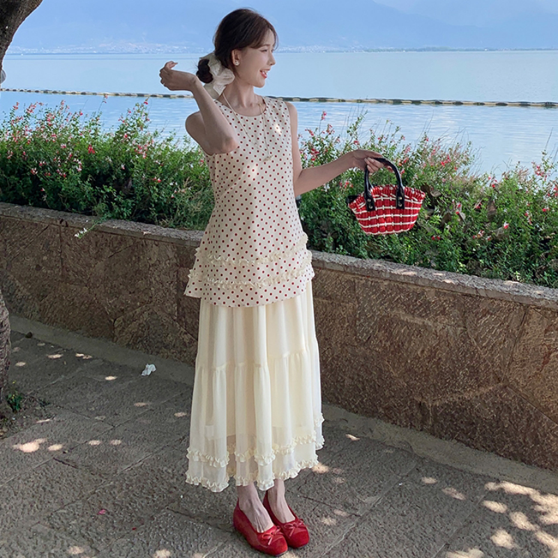 Maternity Wear, Korean Style, Age-Reducing, Sleeveless Polka Dot Dress, New Summer Style, Sweet Style, Retro Contrasting Color Long Skirt