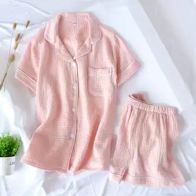 Japanese-style simple pajamas women's short-sleeved shorts cardigan pure cotton gauze summer thin fresh washed crepe cloth home clothes