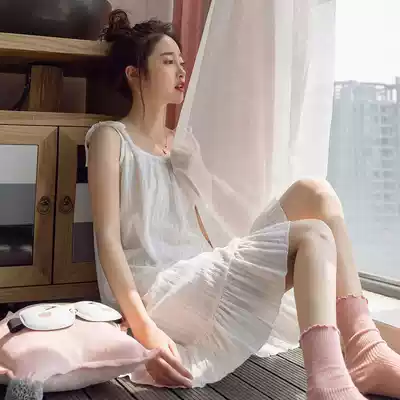 Summer cotton sling nightdress ladies summer sweet hipster pajamas Korean loose cute skirt home clothes