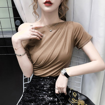One-shoulder oblique shoulder short-sleeved t-shirt female sense 2020 summer one-word off-the-shoulder net red ins super fire clavicle top ingenuity
