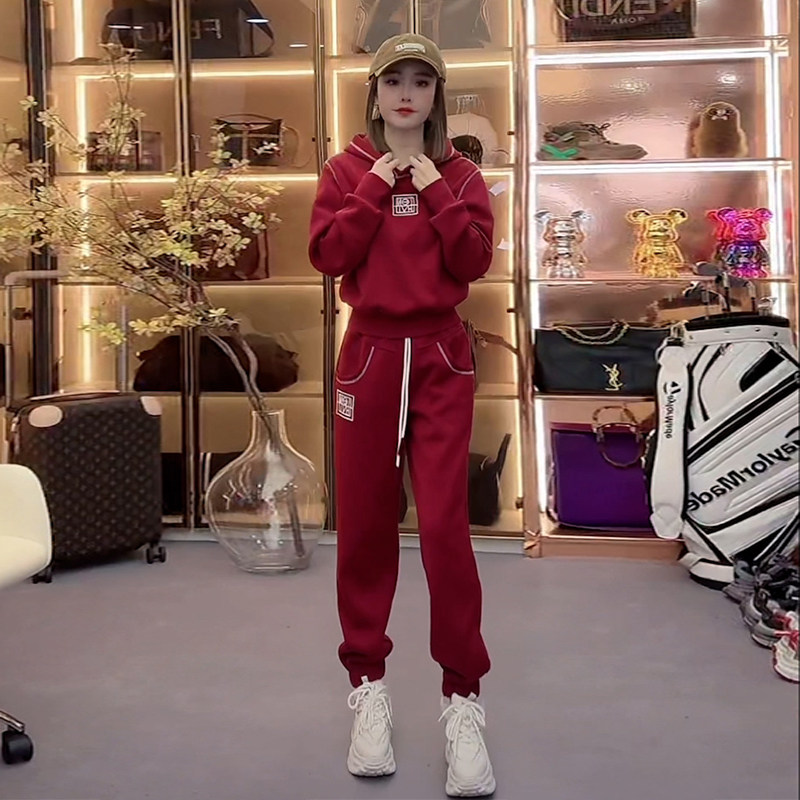 O Goods Fashion Sports Casual Suit Women Autumn Winter New Foreign Air Weight Reduction Red Sweatshirt Buns Pants Two Sets Tide-Taobao