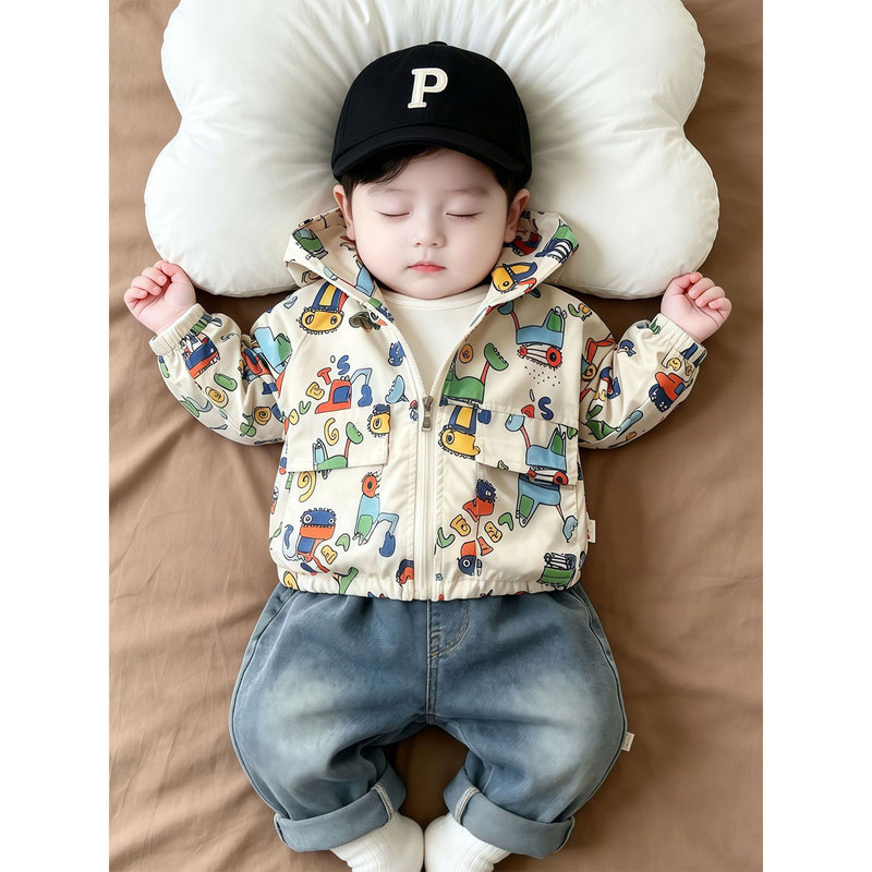 Boys' Cartoon Print Hooded Jacket, New Spring and Autumn Style, Trendy and Cool Cardigan Jacket for Kids and Babies, Fashionable Outerwear
