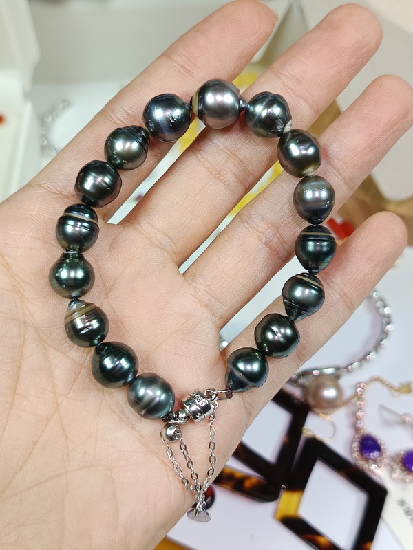 3371-9-10+Natural Seawater Tahitian Black Pearl Bracelet, Silver, 16cm