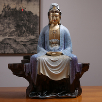 Fan Zefu pure copper Guanyin Bodhisattva Buddha statue at home with living room ornaments meditation Guanyin blue-clad Guanyin statue