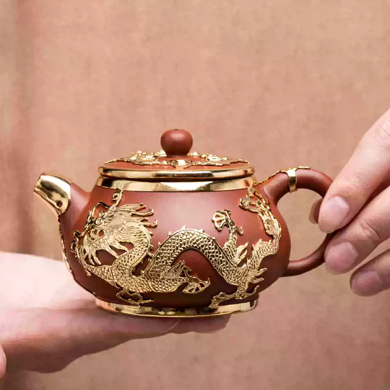 纯铜龙凤大茶壶高品质礼盒一壶八杯加底座龙纹茶壶复古铜酒壶黄铜