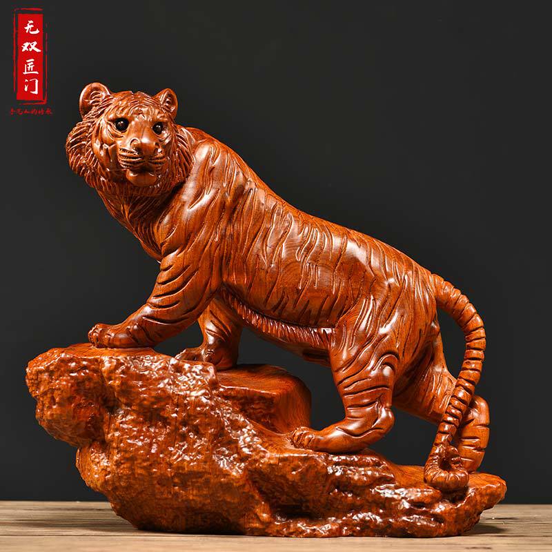 Wood Carving Tiger Ornament, Feng Shui Wealth-Attracting Solid Wood Carving Zodiac Tiger Craft, Mahogany Tiger Living Room Home Decoration Wood Carving Tiger Ornament, Feng Shui Wealth-Attracting Solid Wood Carving Zodiac Tiger Craft, Mahogany Tiger Living Room Home Decoration
