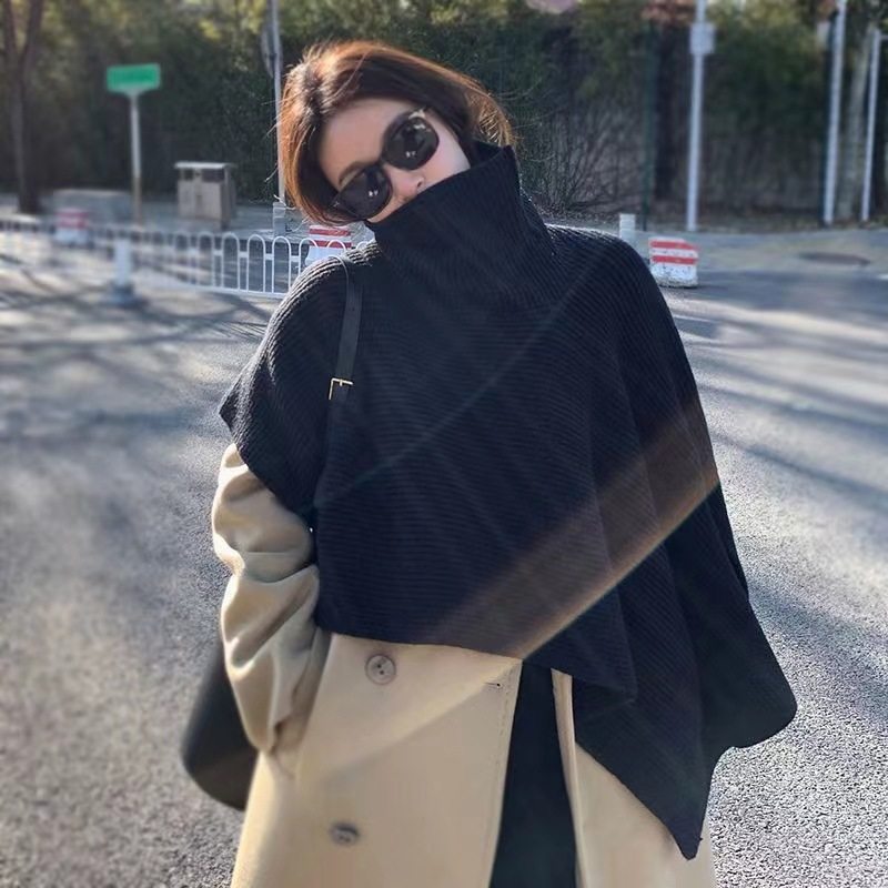 Autumn and winter pullover warm shawl knitted women's slit cloak new irregular cape high collar net infrared scarf