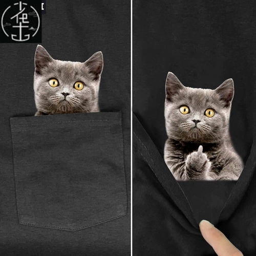 Забавная футболка с летним принтом и карманом T Despise Cat Dog Pocket Print T