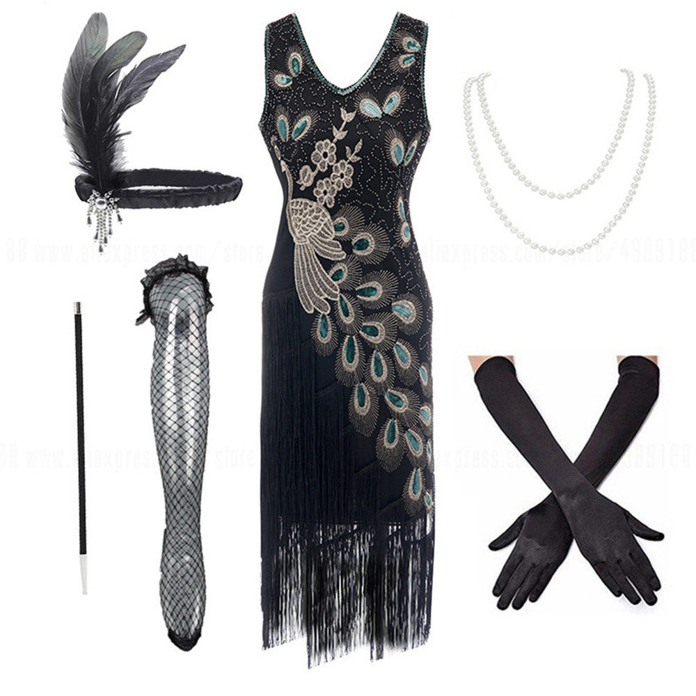 1920s Sequin Beaded Fringed Great Gatsby Dress Accessories