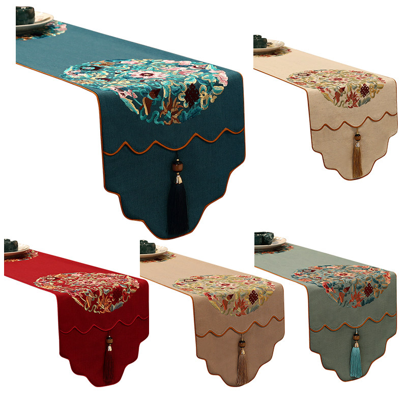 Chinese style table flag New Chinese tea table cloth tea flag Chinese wind cotton linen embroidered bed flag table cloth table cloth support custom-made-Taobao
