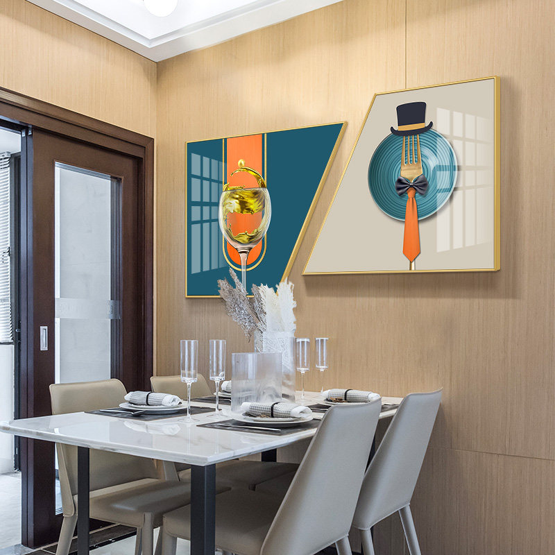 Modern light luxury dining room hanging painting dining room wall wine glass decoration sofa background wall creative trapezoidal crystal porcelain painting