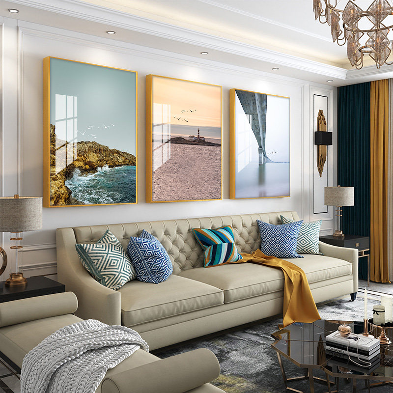 Living room triplex decoration painting modern minimalist sofa Background wall hanging painting Xuanguan crystal porcelain mural scenery inlaid drill drawing