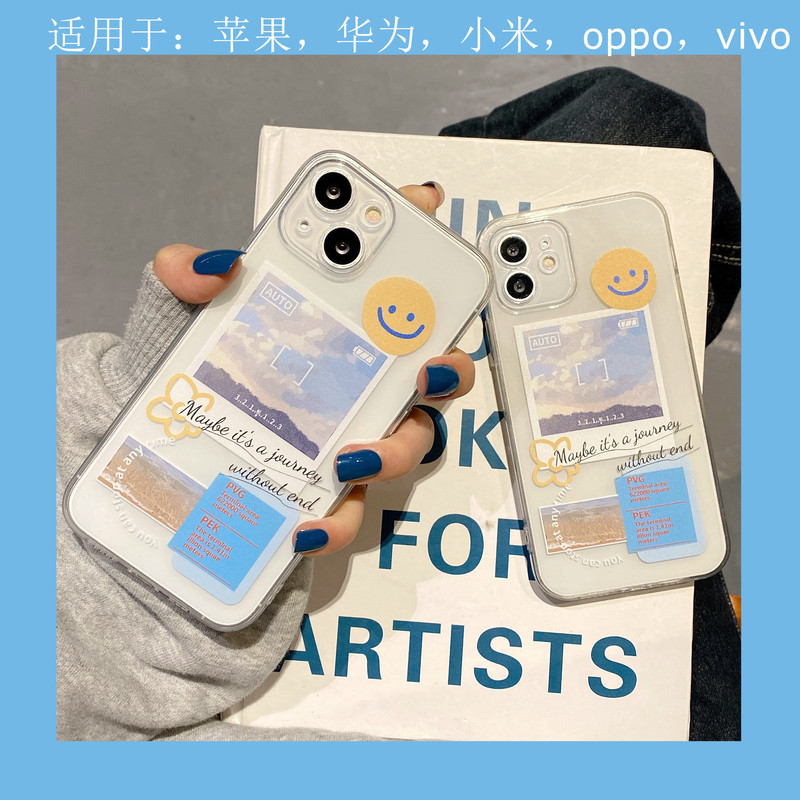 Creative ins Landscape Stickers with Smiley Faces Suitable for Apple 13 Pro Max Phone Case 12 Mini/Apple 15 Transparent Soft Female Case 8P/6S Plus Xiaomi Silicone Anti-Drop Xs/16 Personalized Oppo Thin 14