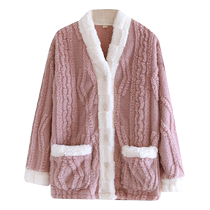 法兰绒睡衣外套上衣女秋冬季加绒加厚保暖珊瑚绒开衫家居服可外穿