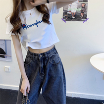 Net Red Ins Short Sleeve T-Shirt Woman High Waist Short of Dew Navel Spring Summer 2022 New Korean Version Loose Clothing Tide