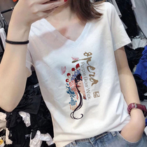 2022 New pure cotton white short sleeve t-shirt female summer V collar loose Peking Opera State tide 100 Lap Compassionate Blouses