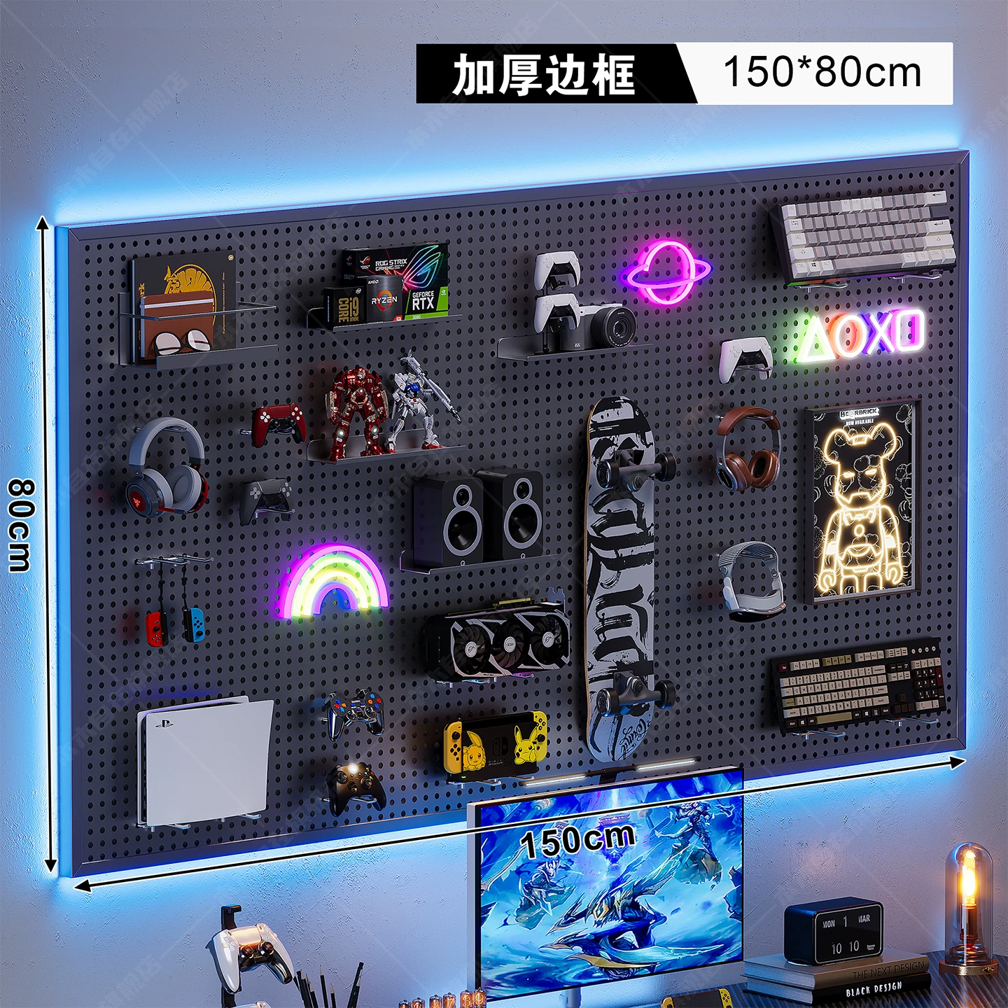 Computer Desk, Carbon-Fiber Pattern Gaming Table, perforated board options, multiple sizes 80–160 cm