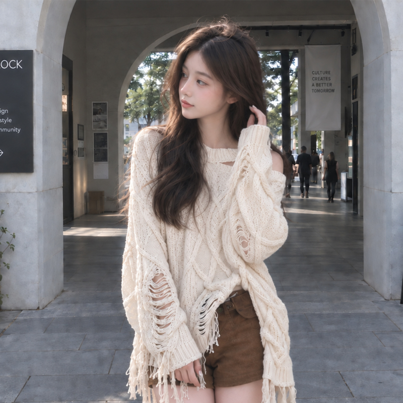 Korean Style Lazy Knit Sweater for Women in Autumn and Winter, Apricot Color, Ripped Off-Shoulder Knit Top, Women's Design Pullover, Loose Hollow-Out Style Korean Style Lazy Knit Sweater for Women in Autumn and Winter, Apricot Color, Ripped Off-Shoulder Knit Top, Women's Design Pullover, Loose Hollow-Out Style