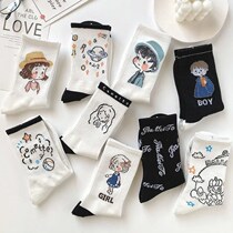 Socks primary school students over 10 years old female version of tube ins tide spring cotton cute Japanese children black and white cartoon couple
