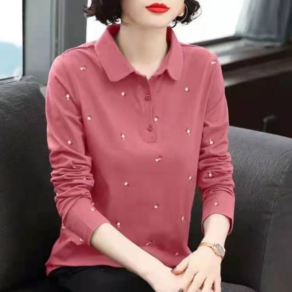 Pure Cotton Long-Sleeved Loose T-Shirt for Women, Spring and Autumn 2022 New Style Polo Shirt, Base Shirt, Fashionable Mom Top