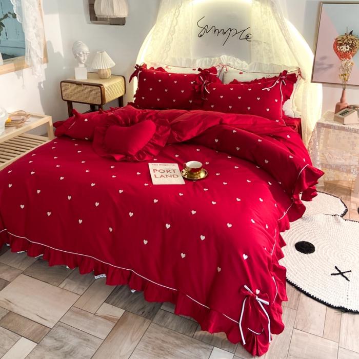 Wedding Celebration Four Pieces Large Red Pure Cotton Wedding House Full Cotton Bed Supplies Princess Wind Butterfly Knot Bed Linen Quilt Cover