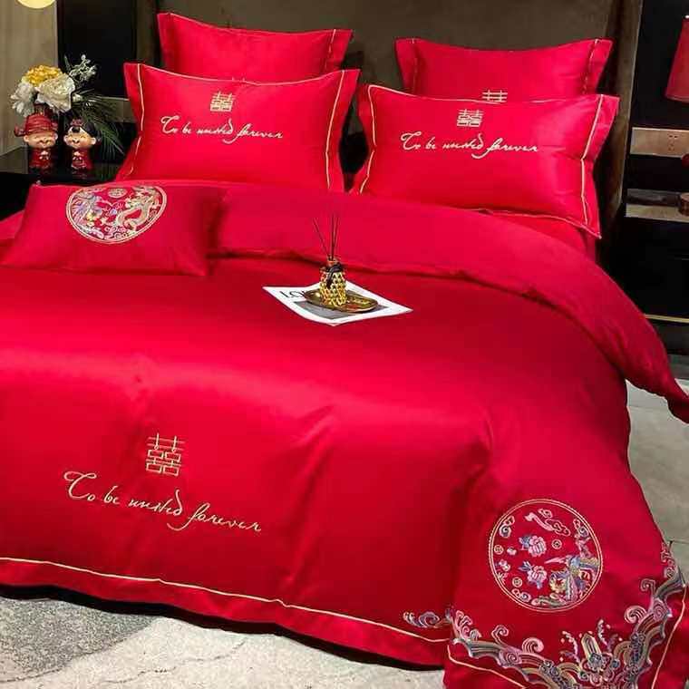 High-end cotton wedding four-piece group Chinese style big red pure cotton long-staple cotton wedding quilt cover wedding simple bedding