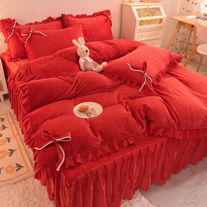 Winter coral velvet four-piece thickened warm double-sided milk velvet crystal velvet bed skirt princess style bed sheet quilt