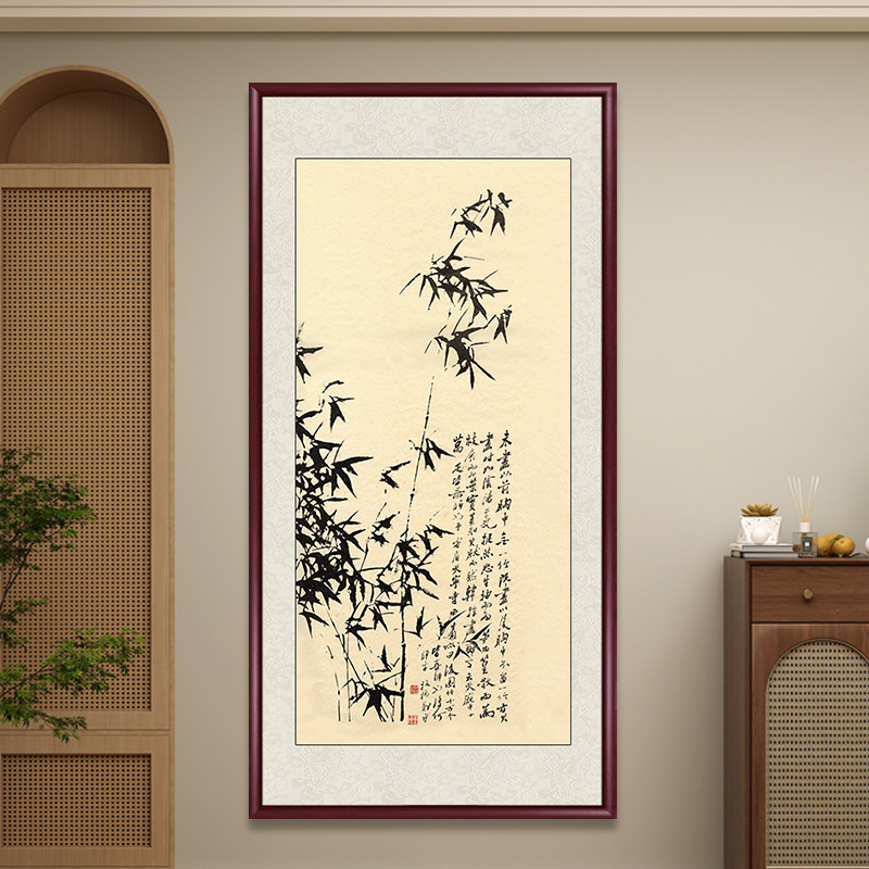郑板桥竹子水墨画国画名画仿古画入户玄关装饰画客厅挂画中式壁画-淘宝