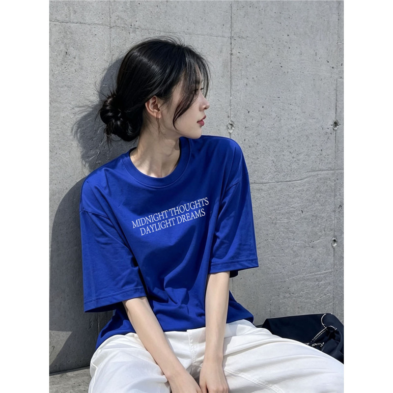 Whitening to the Point of Shining! Klein Blue Pure Cotton Short-Sleeved T-Shirt for Women, Summer Dark Blue Casual Printed Women's Top